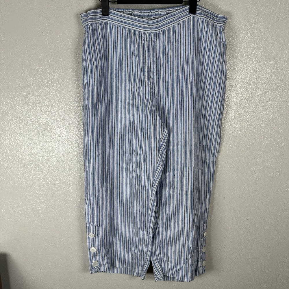 Chicos Pants Women's Size 3/16 Blue Striped Linen Summer Causal Pull On Cropped